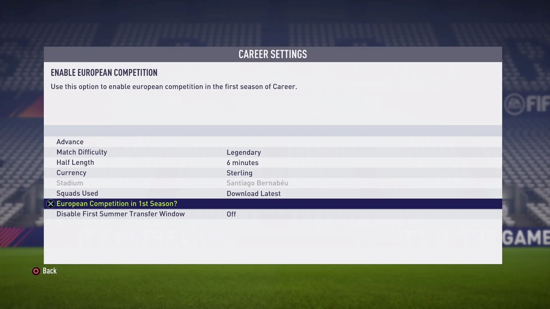 Career Mode Configuration Menu