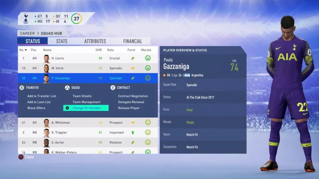 Change Kit Number in FIFA 19 Career Mode